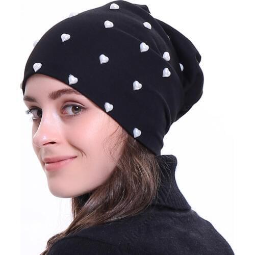 Geebro New Womens Beanie Hat 2020 Autumn Heart Pearl Slouchy Skullies Beanies for Female Womens Plain Balaclava Bonnet DQ845