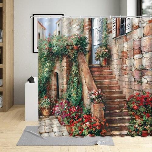 Oil Painting Vintage Street Scenery Shower Curtain Flower Plant Wooden Door Bathroom Bathtub Screen Curtain Polyester Fabric Set