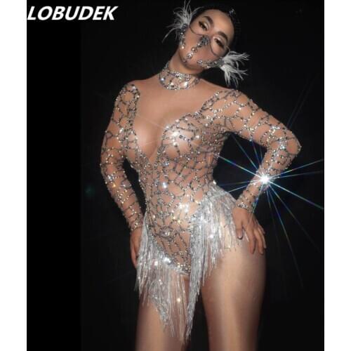Silver Rhinestones Nude Mesh Transparent Bodysuit Long Sleeve Fringe Latin Dance Costume Sexy Nightclub Bar DJ Singer Stage Wear