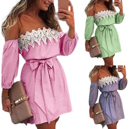 Short White Off Shoulder Lace Dress Women Vertical Pinstripe Dress Elastic Waist Sukienka Long Sleeve Bandage Mini Dress Elegant