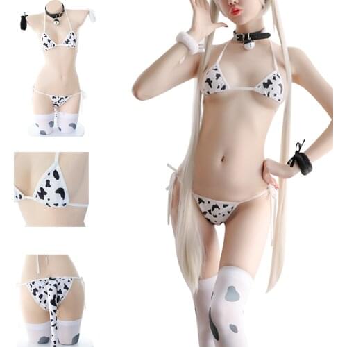 Cow Printed Cosplay Costume Sexy Cow Bikini With Headband Tail Stocking Anime Underwear Set Women Sexy Lingerie Bodysuit