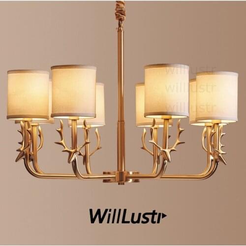 Willlustr antler copper pendant lamp brass hanging light fabric shade Chandelier suspension lighting american country bronze