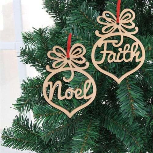 Natural Wood Christmas Tree Ornament Hollow Out Letter Xmas Tree Wooden Hanging Pendants New Year Christmas Party Decorations