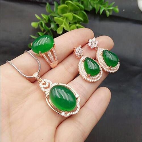 Fine Jewelry Natural 925 Silver Chalcedony Sets Necklace Earrings Ring for Women Party