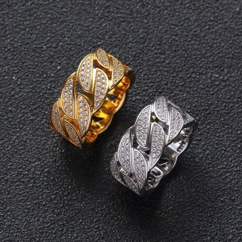 Luxury Male Female Rings Gold Bling Bling Hip Hop Punk Zircon Ring Cuban Link Chain Exaggerated Street Artist Ring For Women Men
