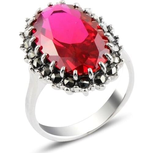 Silver 925 Sterling Ruby Zircon & Marcasite Ring