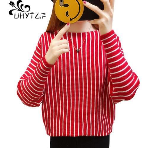 UHYTGF womens Knitted sweaters Fashion striped bat sleeves spring autumn sweater women Loose plus size top thin short coat 214