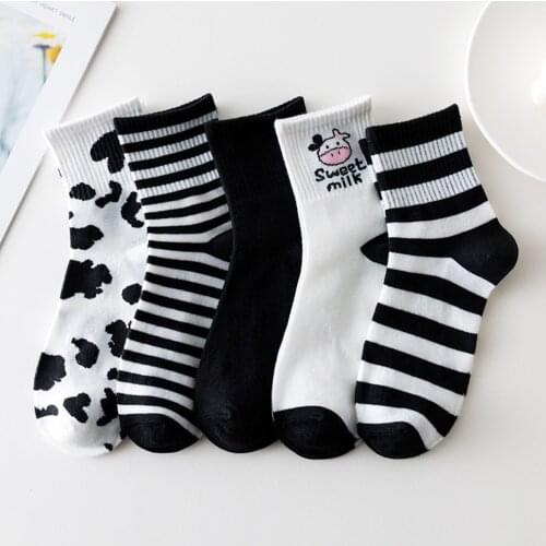 New College Style Cows Spots Stripe Spring Summer Kawaii Socks Women Korean Tide Cotton Short Cute Cartoon Pattern Socks Female