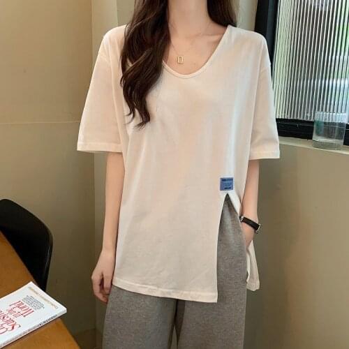 Split Design Women Fashion Tops Summer Short Sleeve T-shirts Loose V-neck Tops Solid Plus Size Tees