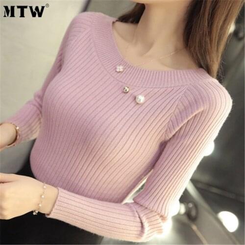 Women Knitting Sweater 2020 Autumn Winter Long Sleeve Solid O-Neck Slim Pullover Korean White Office Jumper Tops