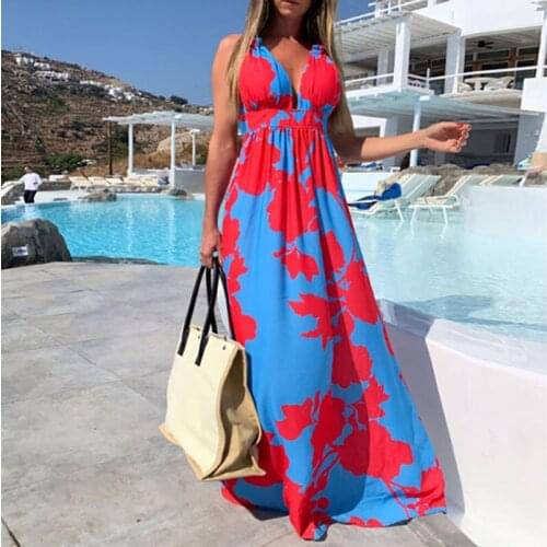 Summer Printed V-neck Sleeveless Dress 2021 Bohemian Sling Banquet Dress Sexy A-line Temperament Commuter Summer Dress vestido