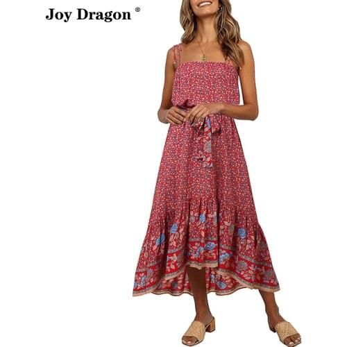 Women Summer Dress Fashion Floral Print Sleeveless Backless Sling Long Dres Boho Casual Ruffle Lace Up Beach Stitching Dresses