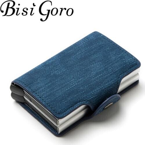 BISI GORO Denim Wallet Anti-theft Double Boxes High Quality Wallet New RFID Blocking Card Holder Business Pop-up Metal ID Case