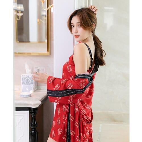 Noble Household Clothing Silk-like Printing Condole Belt+nightgown Suit Two Piece Dress Set for Women Robe Lingerie Sleepwear