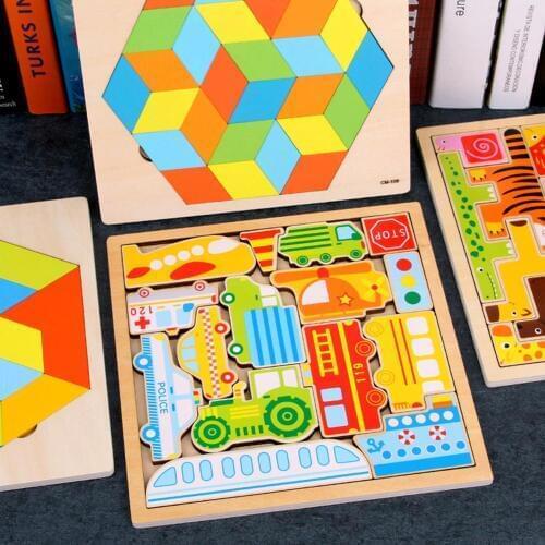Wooden Colorful Animal Traffic Geometric Puzzles Board Educational Kids Toy