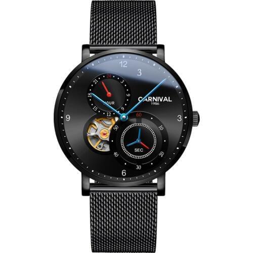 Carnival Men Automatic Watch Brief Ultra Thin Small Seconds Dial 24hours Luxury Mechanical Watch Mesh Band Hollow