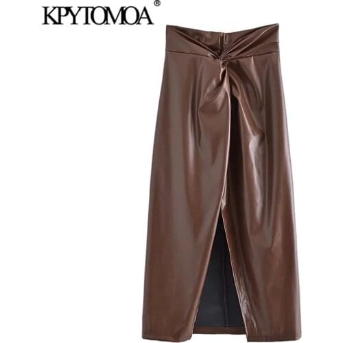 KPYTOMOA Women 2021 Fashion With Knot Faux Leather Slit Midi Skirt Vintage High Waist Back Zipper Female Skirts Mujer