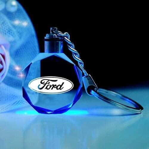 Creative gift pendant glass with light car keychain for ford logo long chain metal keyring Men women auto Accessories key ring
