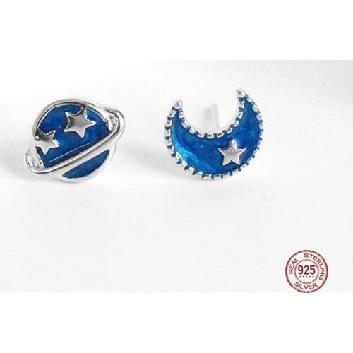 LKO S925 Sterling Silver Universe Planet Moon Earrings Simple Female Strolling Planet Asymmetric Earrings Jewelry For Woman