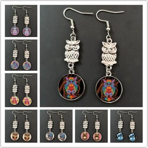 Cute owl glass earrings bird art glass animal cabochon earrings jewelry owl pattern earrings women handmade gifts