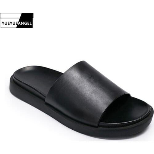 Korean Style New Men Summer Outdoor Fashion Genuine Leather Non-Slip Thick Bottom Black Height Increasing Concise Slippers