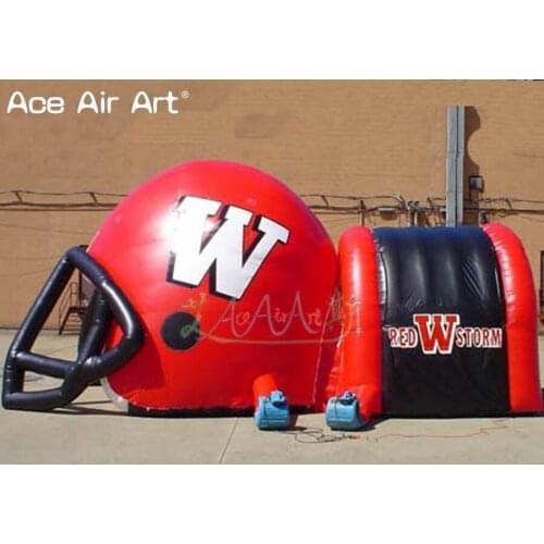 Red black and funny helmet model inflatable lawn soccer sport helmet tunnels,outdoor rugby team through tunnel for high school