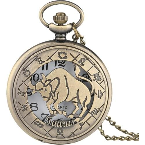 Half Hunter Hollow Taurus Twelve Constellations Theme Design Fob Pocket Watch Pendant Vintage Men Women Quartz Clock Gift reloj