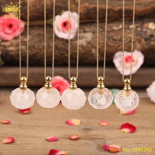 Natural White Quartz Faceted Round Essential Oil Perfume Bottle Pendant Necklace Fashion Women Gold Copper Jewelry Wholesales