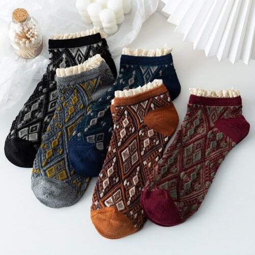 Socks Women Spring And Summer New Boat Socks Retro Lace Jacquard Cotton Socks Diamond Short Socks Baroque Style Korean Wholesale