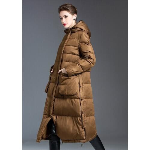 Obrix Fashionable Duck Down Female Jacket Warm Winter Hooded Parka Solid Color Casual Style Long Coat For Women