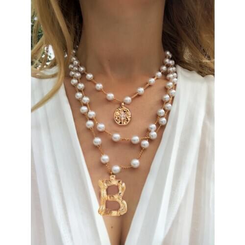 DIY name A-Z Initial Alphabet Pendant 26 Letter Necklace Cubic Zirconia Womens unique charms Triple Pearls Necklace Jewels