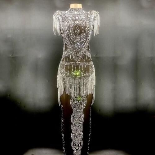 Silver Crystal Fringes Black Mesh Transparent Long Dress Rhinestone Dress Evening Birthday Celebrate Festival Clothing XS2566