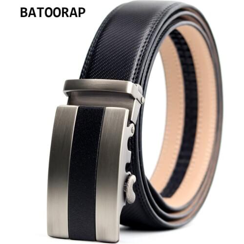Mens Belt Cowhide Gray Metal Auto Buckle Fashion Laether Wasit Strap Male Black Belts Ratchet 3.5 cm Width 110-130 cm
