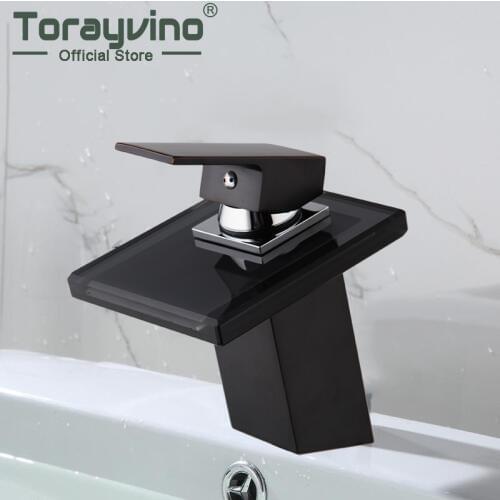 Waterfall Basin Sink Faucet Taps Deck Mounted Bathroom Sink Faucets Brass & Glass Black Tap Torneiras Hot & Cold Mixer Taps