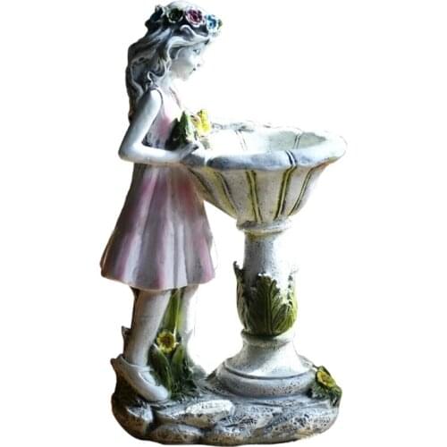 Solar Light Girl by Bird Bath Sculpture Garden Resin Figurines Statue Angel Figure Sculpture Flower with Solar LED Light 896B