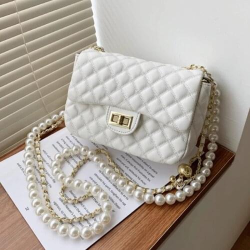 Quilted Pearl Chain PU Leather Solid Color Crossbody Bags for Women 2021 Fashion Small Shoulder Bag Female Handbags and Purses