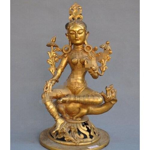 Tibetan Buddhism bronze Gilt Green Tara Kwan-Yin GuanYin goddess beast statue