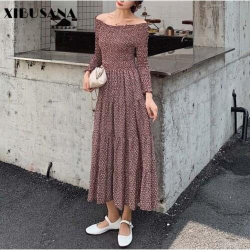 XIBUSANA Vintage Off Shoulder Ruffle Chiffon Dress Women 2021 New Spring Autumn Fashion Female Long Sleeve Floral Party Dresses