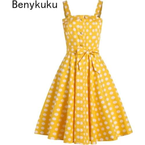 Yellow Polka Dot Vintage Rockabilly Slip Dress 50s 60s Retro Big Swing Pinup Women Audrey Hepburn Strap Cotton Dresses Vestidos