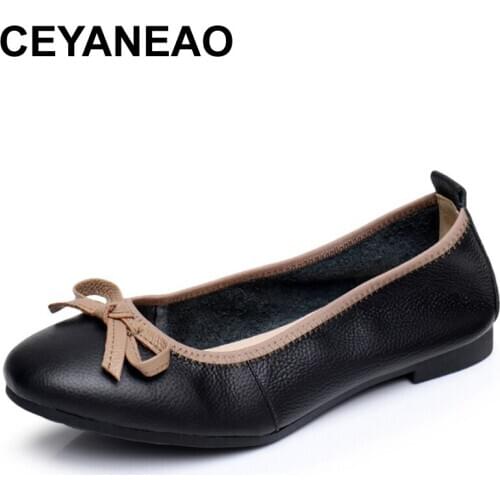 CEYANEAO Brand Genuine Cow Leather Slip On Shoes For Women Flats Black Khaki Soft Small Square Heel Bowknot Driving Shoes Woman
