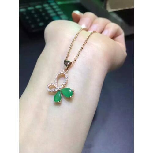 Natural emerald stone pendant S925 silver Natural gemstone Pendant Necklace trendy butterfly bow-knot women party girl jewelry