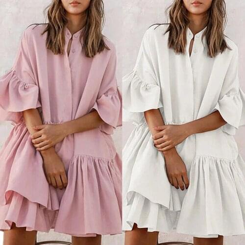 Women Summer Dress Little Fresh Fashion Sweet Solid Color Short Dress Girl Cotton Fold Ruffles Sleeve Loose Clothes