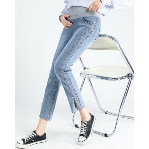 671# 2021 Autumn Fashion Stretch Denim Maternity Jeans Elastic Waist Belly Straight Pants for Pregnant Women Side Splits Casual