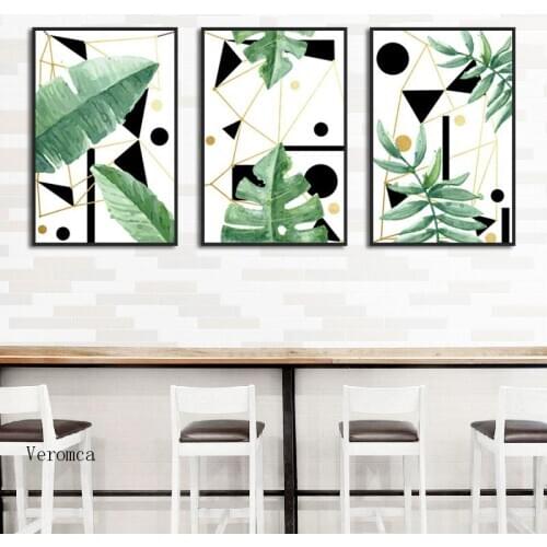 Abstract Geometric Pattern Green Plants Canvas Painting Nordic Poster Printing Leaves Wall Art Picture for Home Decoration