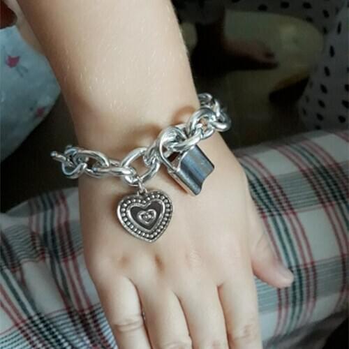 Punk Lovers Lock Pendant Bracelets Bangles Fashion Alloy Carved Lover Heart Thick Chain Bracelet Couple Jewelry Gold Pulsera