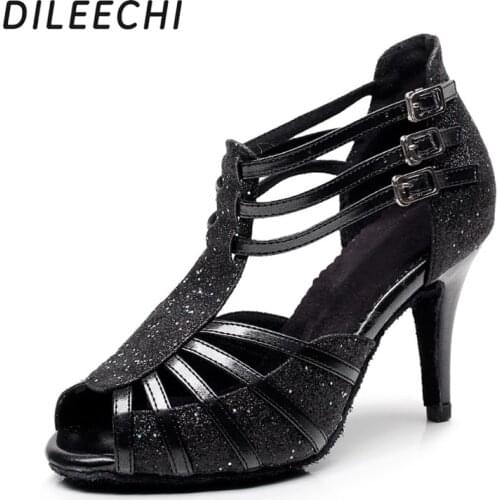DILEECHI Professional Black flash Womens Latin dance shoes female adult square dance shoes ballroom dance shoes 7.5cm heel
