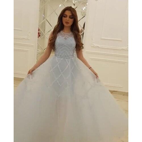 Saudi Arabian Long Prom Dresses 2021 Appliques Evening Wear Gowns abiye Robe de soiree Princess O Neck Beads Party Gowns Organza