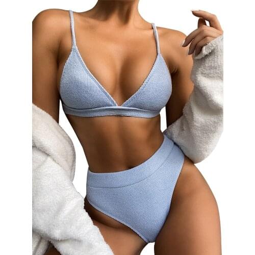 Womens Solid Color No Steel Ring Swimwear High Waist Triangle Ladies Sexy Swimwear Split Swimwear Bikini