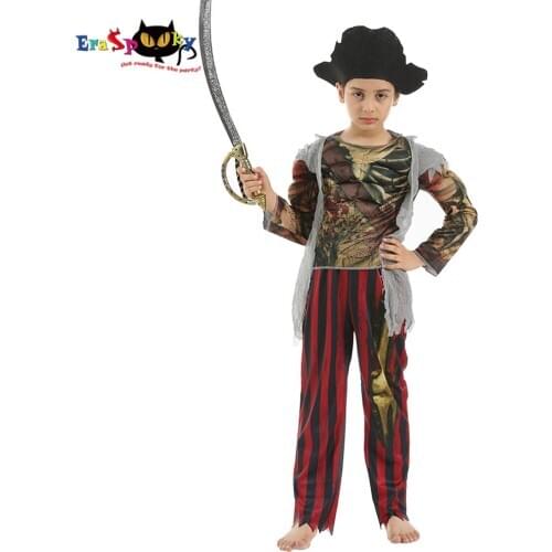 Eraspooky Scary Skeleton Caribbean Pirate Cosplay Boys Halloween Costume For Kids Party Fancy Dress Pirates Hat