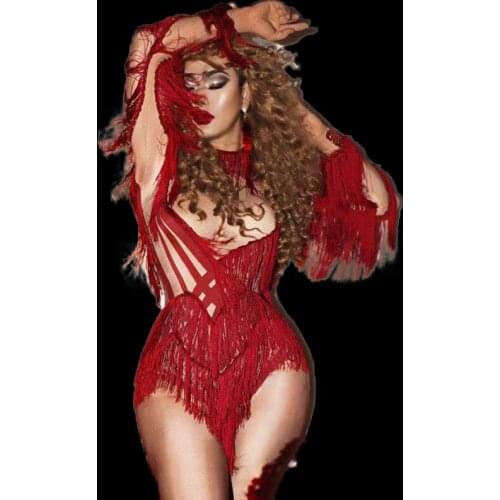 Red Tassel Elastic Skinny Bodysuit Long Sleeve Leotard Stage Wear Nightclub DJ Female Singer Dancer Performance Costumes DN6356